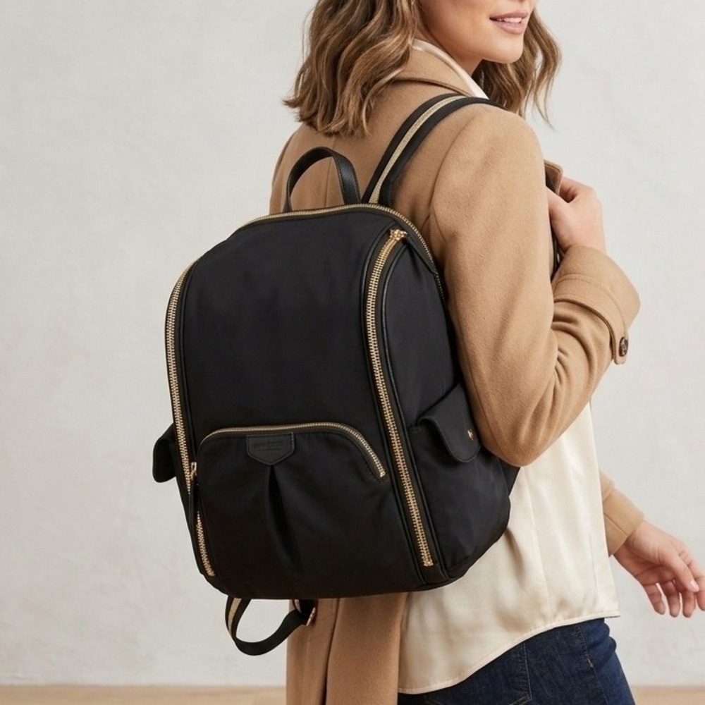 Aimee Kestenberg Rome Nylon Backpack Black Gold Travel Diaper Bag Tablet Pocket